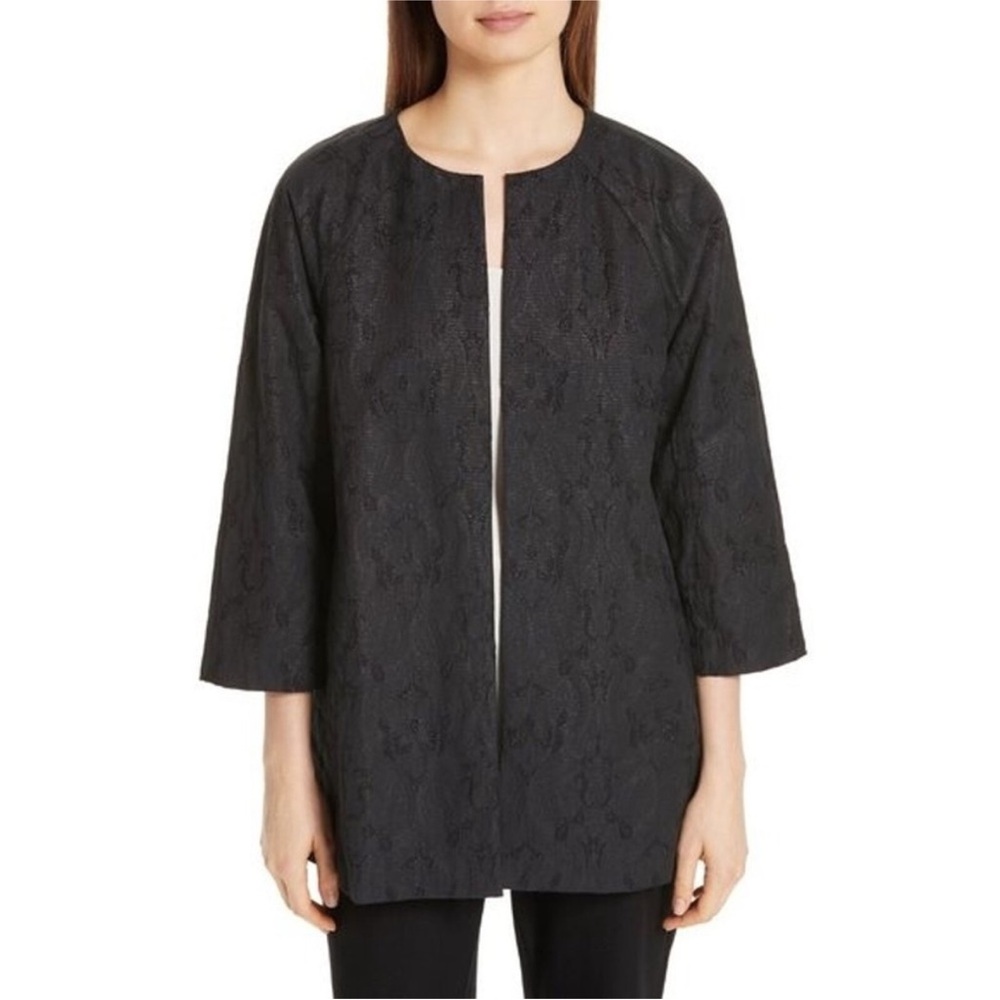 Eileen Fisher Metallic Jacquard Collarless Jacket, Black, XS